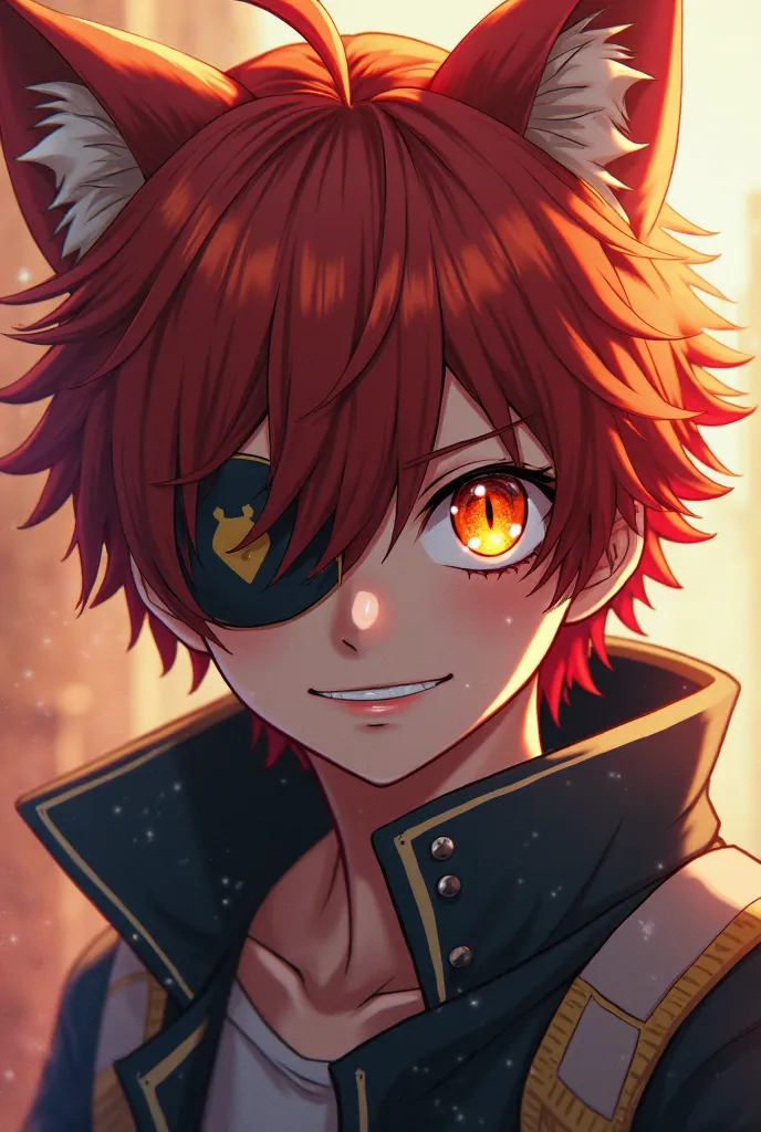 Create a boy from the anime Boku no hero Academia who is a 15-year-old boy half a cat with reddish hair and who covers his right eye 
And his other eye colored orange or yellow 