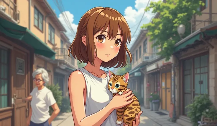 Create Manga image a  with medium hair and brown hair a white sleeveless T-shirt carries a little tabby kitten on the street an old lady arrives 