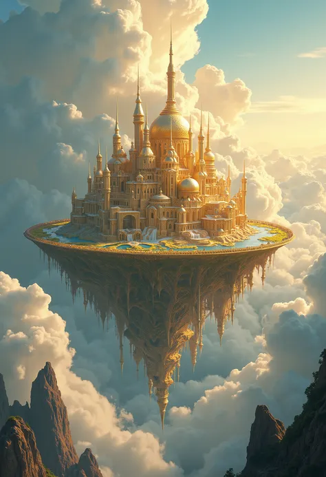 Floating island town in the clouds, floating, golden plated land