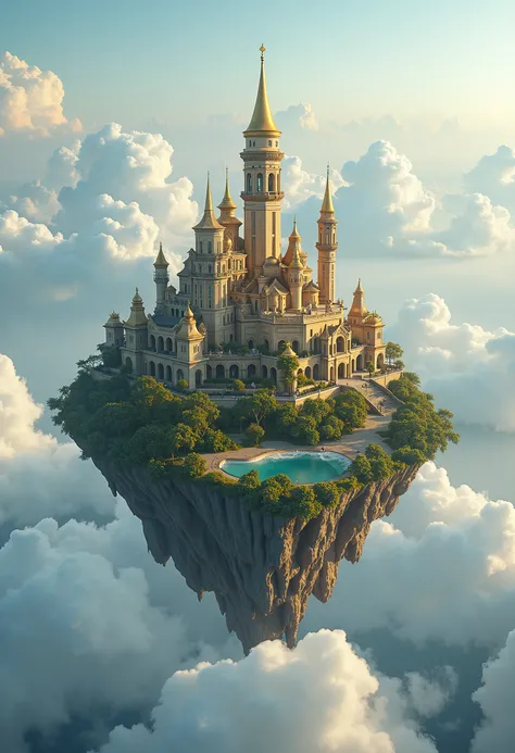 Floating island town in the clouds, floating, golden plated land