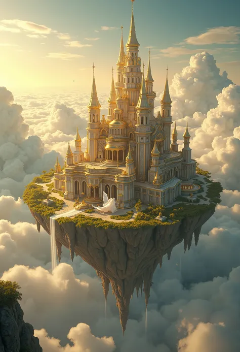 Floating island town in the clouds, floating, golden plated land