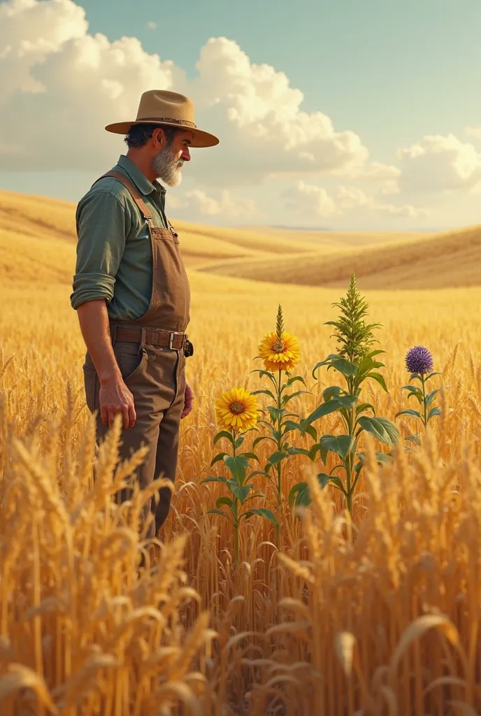 A farmer among the wheat fields found three different yellow-colored plants, green, and black 