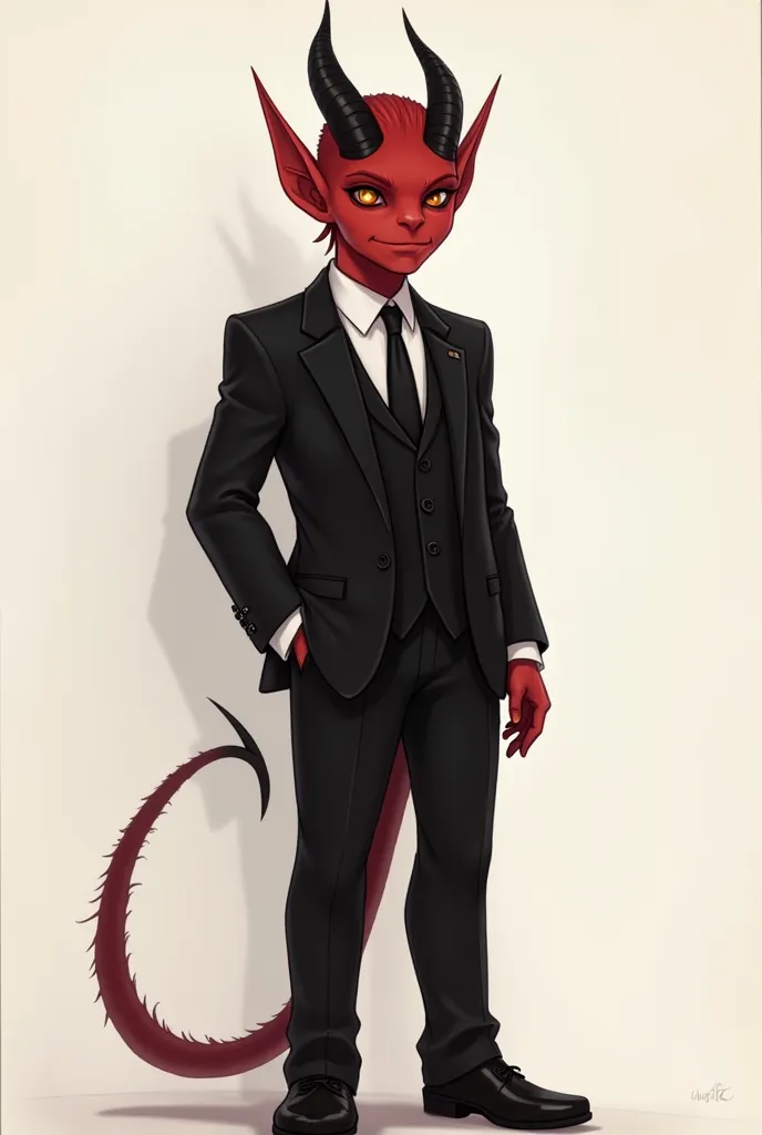 Draw a young, confident red tiefling with striking features, wearing sleek formal black attire. The tiefling has sharp, elegant horns, glowing eyes, and a smooth, flawless complexion. Their clothing is sophisticated, consisting of a tailored black suit wit...