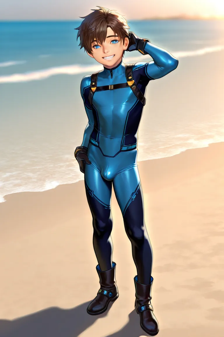 artwork,  crusade.  A young age boy , about s, is standing on a beach , he places his right hand on the side of his waist, Flex your left arm to the side.  His hair is brown,your very detailed blue eyes, with a full body tight full body metallic blue full ...