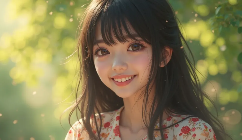 (masterpiece, best quality, ultra-detailed, 8k, photorealistic), 
( Japanese girl:1.5),  has a bright smile,  shows white teeth and laughs, healthy skin for 1 female, Soft backlight, long black hair,  has bangs,  fluffy hair , Natural Light,  floral dress,...