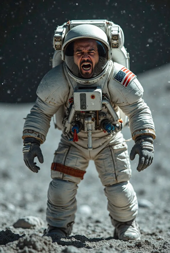 Medium view of a super strong and extremely angry astronaut. the astronaut is screaming, his eyes convey hatred and fury. the astronaut is on a moon. photorealism, super detailed, cinematic.