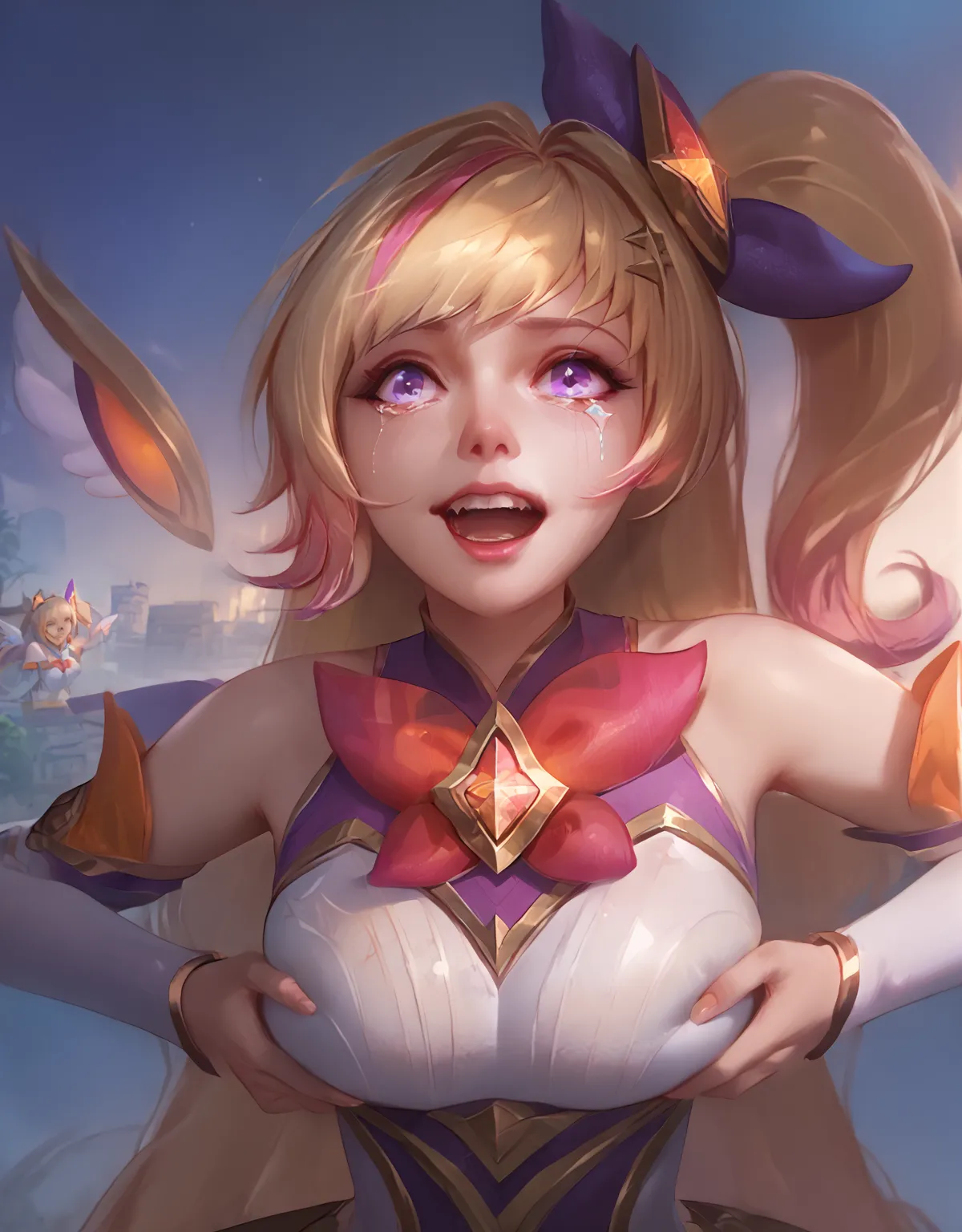 core_9, score_8_up, score_7_up, score_6_up, score_5_up, score_4_up, 1girl, SGSera, SGSera, blonde hair, purple eyes, side ponytail, ribbon, detached sleeves, multicolored hair, star guardian \(league of legends\), wings, , orange skirt, white boots, ((huge...