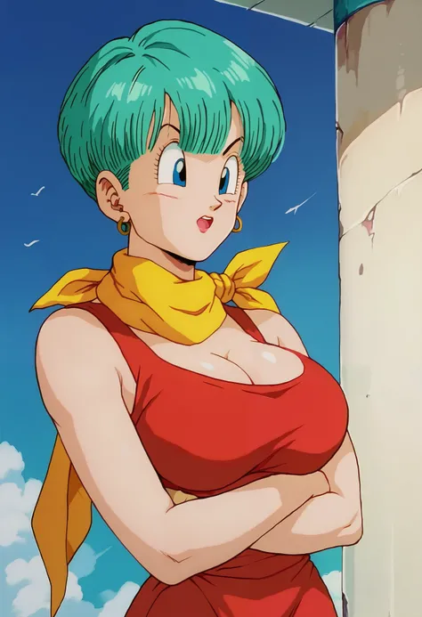 score_9,score_8_up,score_7_up,Bulma, aqua colored hair, blue eyes,(aged up:1.4),big breasts,yellow scarf wrapped around her neck, red dress, yellow boots, trailers.
