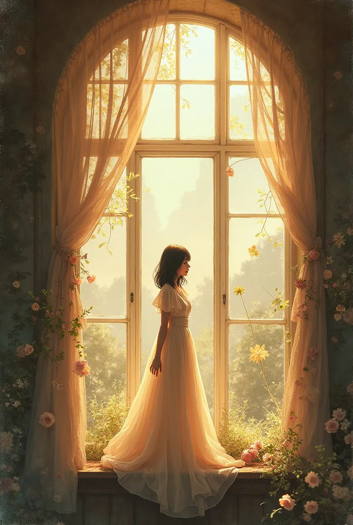 The image of a girl standing on a window is very beautiful