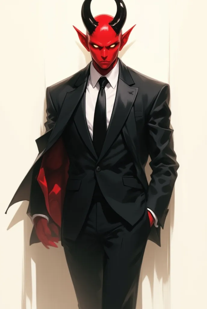 Draw a confident red tiefling with striking features, wearing sleek formal black attire. The tiefling has sharp, elegant horns, glowing eyes, and a smooth, flawless complexion. Their clothing is sophisticated, consisting of a tailored black suit with a cri...