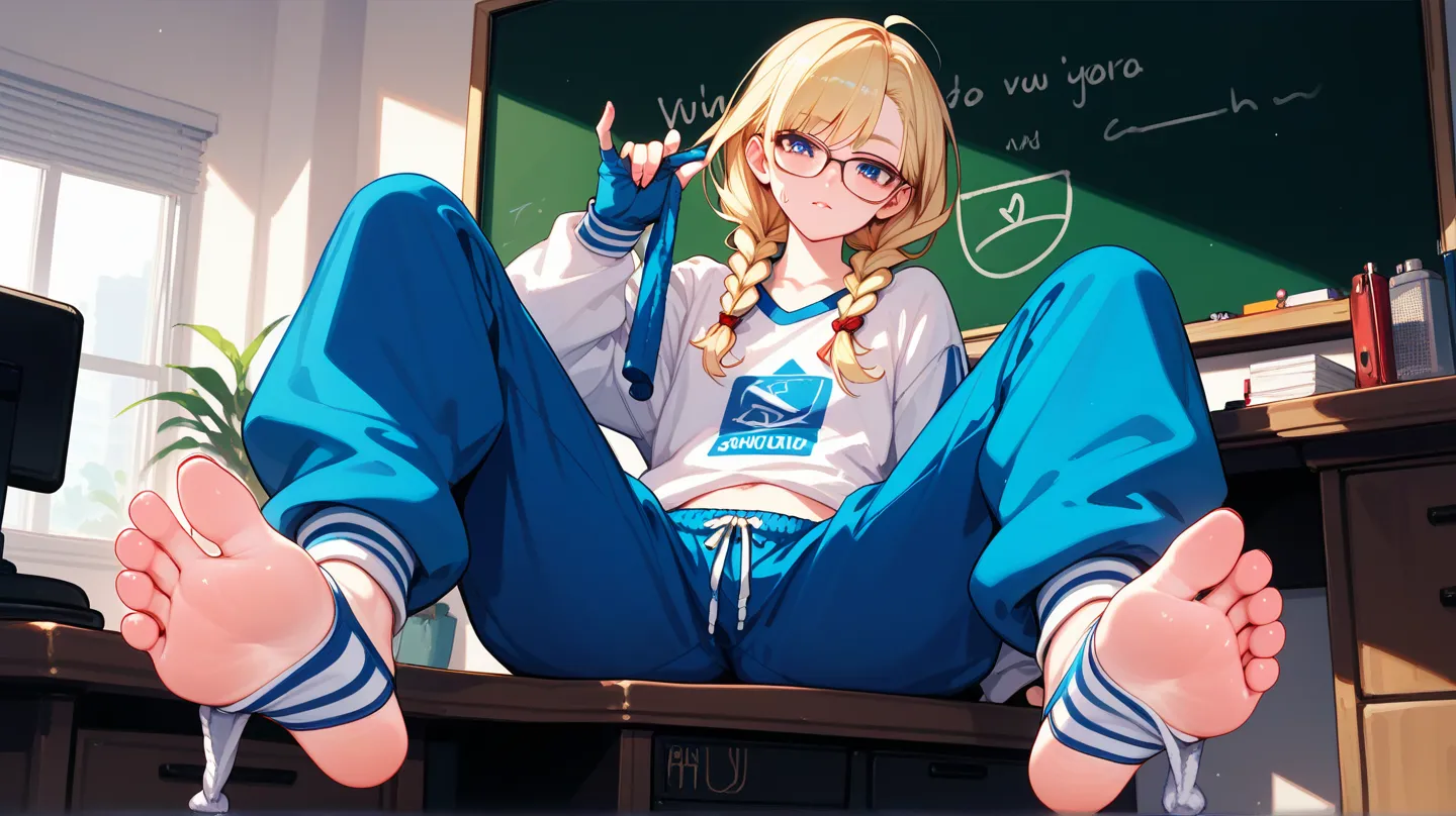 blonde hair,loose fitting blue tracksuit, loose fitting red, baggy pants sweatpants,glasses,blonde hair, low twin braids, Desktop, sitting on Desktop, focus on foot ,down, down view, fingerless sock ,large pants,chalkboard,shiny skin,pale skin,Colored toen...