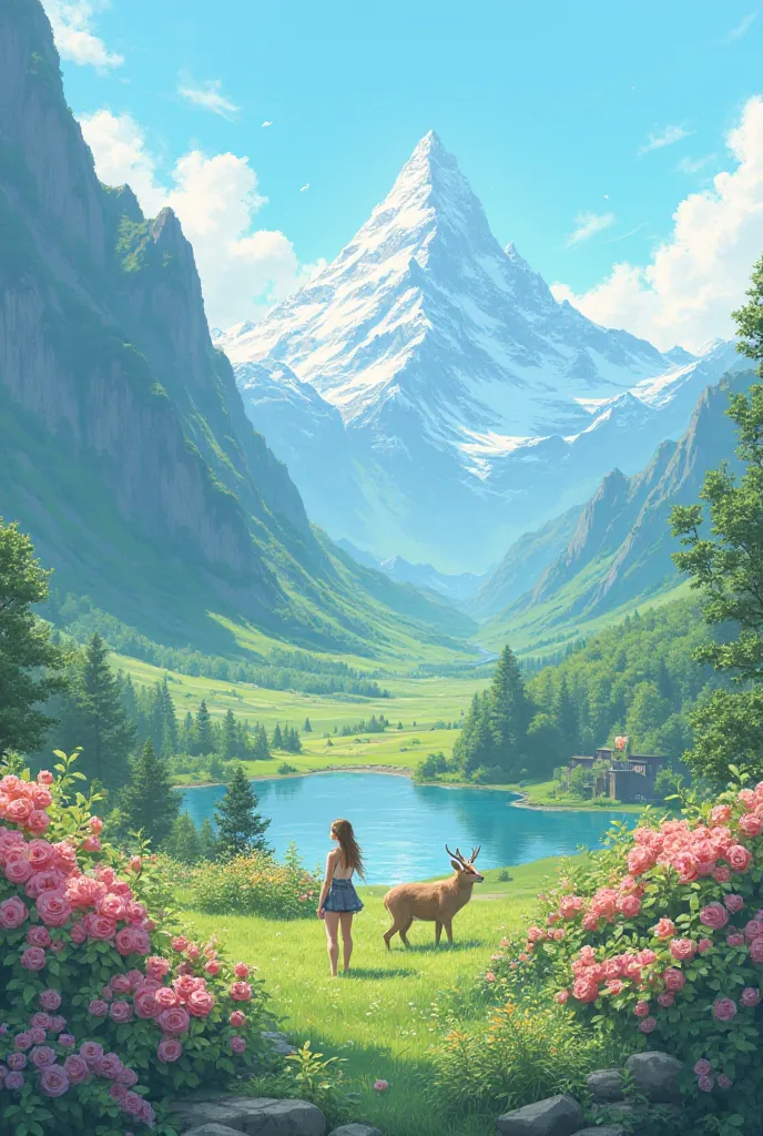 High mountains, green plains, colorful roses, deer grazing soon and a girl bathing in the open air 