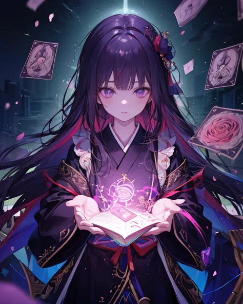 3D realistic style，Diffuse Falling Rose Petals，A Neon Tarot book floating in the hands of a Japanese female Tarot Master with long golden purple hair summoned five neon tarot cards floating around the body in the ghostly Five-Mon-Star Magic Realm.。