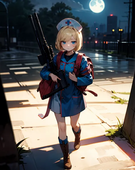 blond bob hair blue eyed girl from a distance、hair between their eyes、navy blue nurse costume、 nurse cap 、Carrying a rifle、wearing military boots、backpack、night、 moonlight 、Ruined City、Walking、depth of field、 petite and slender body、by, full body、 tired fa...