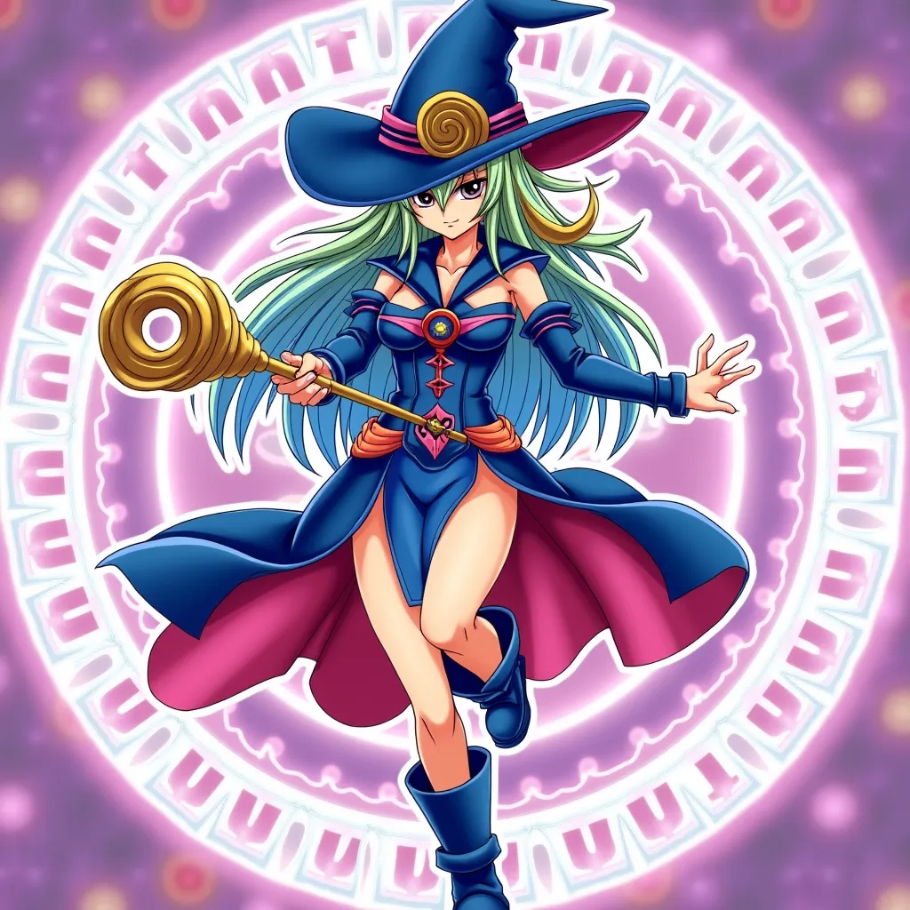 YU-GI-OH carte monstre, la magicienne de lumière, habillée en bleu océan et rose, long cheveux bleus, cercle magique en arrière plan, chapeau de magicienne, posture dynamique dans un style de peinture anime Yu-gi-oh duel Monster , anime YU-GI-OH Duel monst...