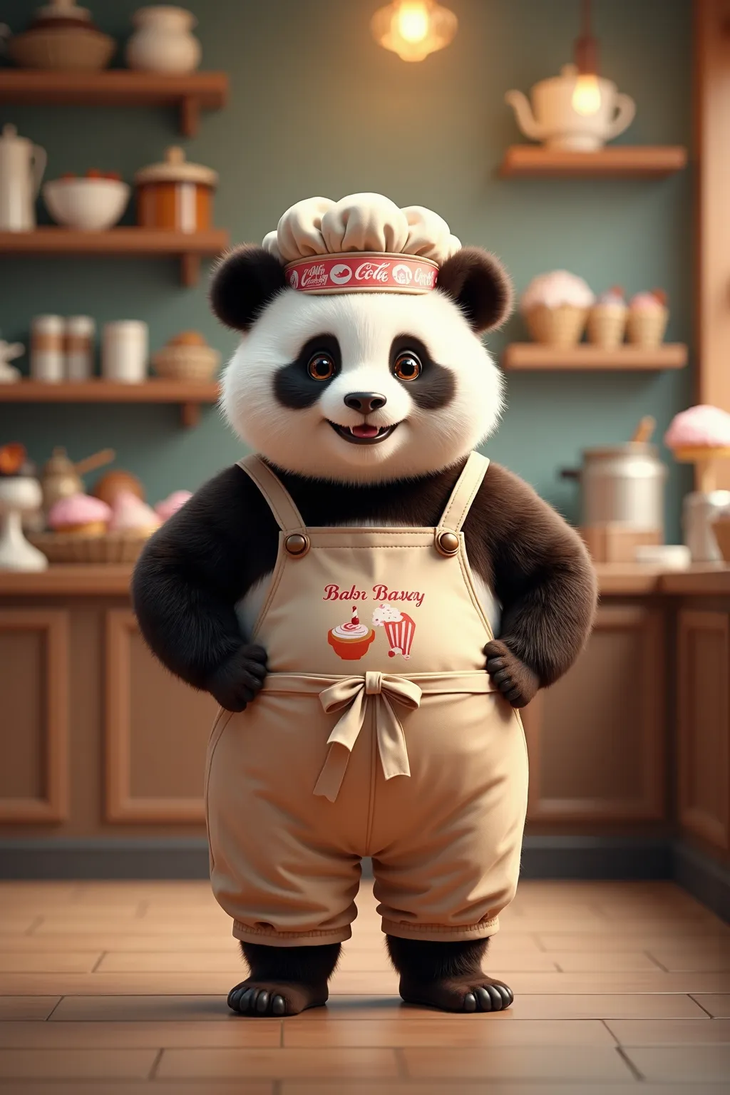 photorealistic full body portrait of Dressed animals - a ((fat)) (baby panda) bakery,(art by Giuseppe Arcimboldo),(happy smile:1.5),(furry), high quality,(lovely) hands on hips,, (Wearing bakery's clothes) , (wearing apron and shirt ), highly detailed (bak...