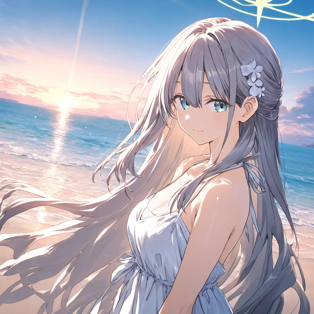 Solo,1girl, breasts, Cyan hair, cyan eyes, beach, wallpaper, bangs at nose, bangs between eyes, long bangs, Very long hair, Blue archive, Stoic, Wallpaper 8k, Best quality, White dress, Flowers on her hair, beautiful, High quality (artist:mitsumi_misato),a...