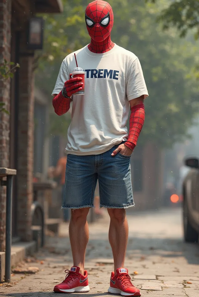 Realistic image of Spider-Man wearing a white t-shirt written Extreme and shorts, jeans and red sneakers from Nike , and holding a drink 