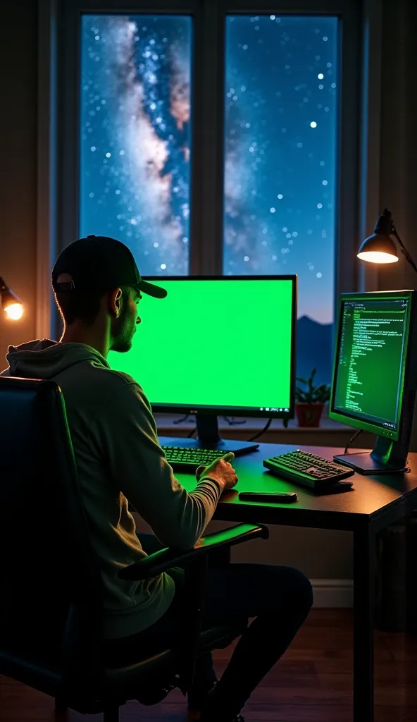 "**Vertical low angle medium shot**, HACKER’S room, dimly lit, **spectacular Milky Way in the sky visible through window**. **Background sharply in focus, especially the distinct chroma-key green screen.** Horizontal green screen (70% horizontal) on laptop...