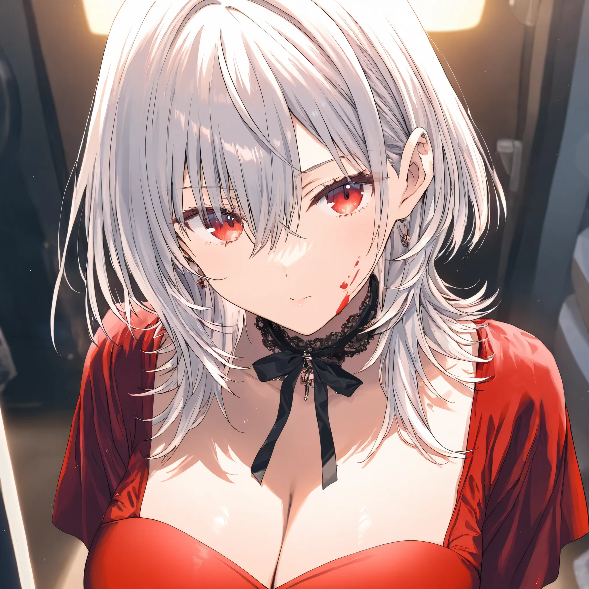 Solo,1girl, big breasts, ager, Long bang between eyes, Bang at Chin, beautiful,killer girl, blood on her face, Bloody Knife, bloody outfit, Very long bang between eyes, medium hair, White hair, red eyes, Red dress, Black choker, Black ribbons (artist:mitsu...