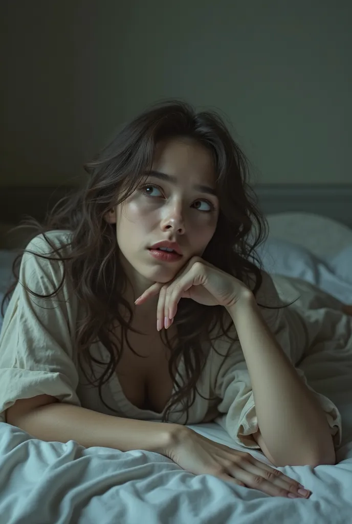 Woman lying down looking at the ceiling with a sad look 