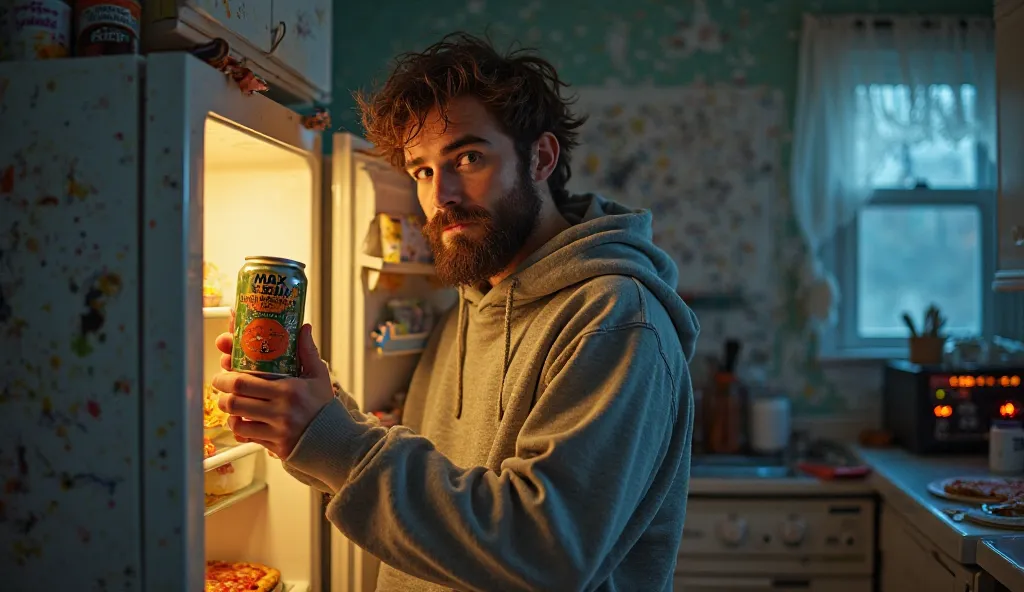 "A young man named Ryan, in his late 20s, with messy brown hair, a scruffy beard, and wearing an oversized hoodie and sweatpants, stands in a dimly lit kitchen. He has a lazy but lovable expression, slightly slouched posture, and an air of carelessness. Th...