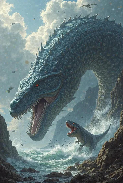 Leviathan fighting a dinosaur
