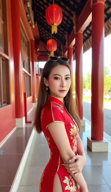 **Masterpiece, Ultra Detailed, Realism, Cinematic Quality** A stunning Thai idol, aged 18, exuding beauty and youthful confidence. She is wearing a striking red qipao (Cheongsam) with a high slit that elegantly reveals her toned legs, blending traditional ...