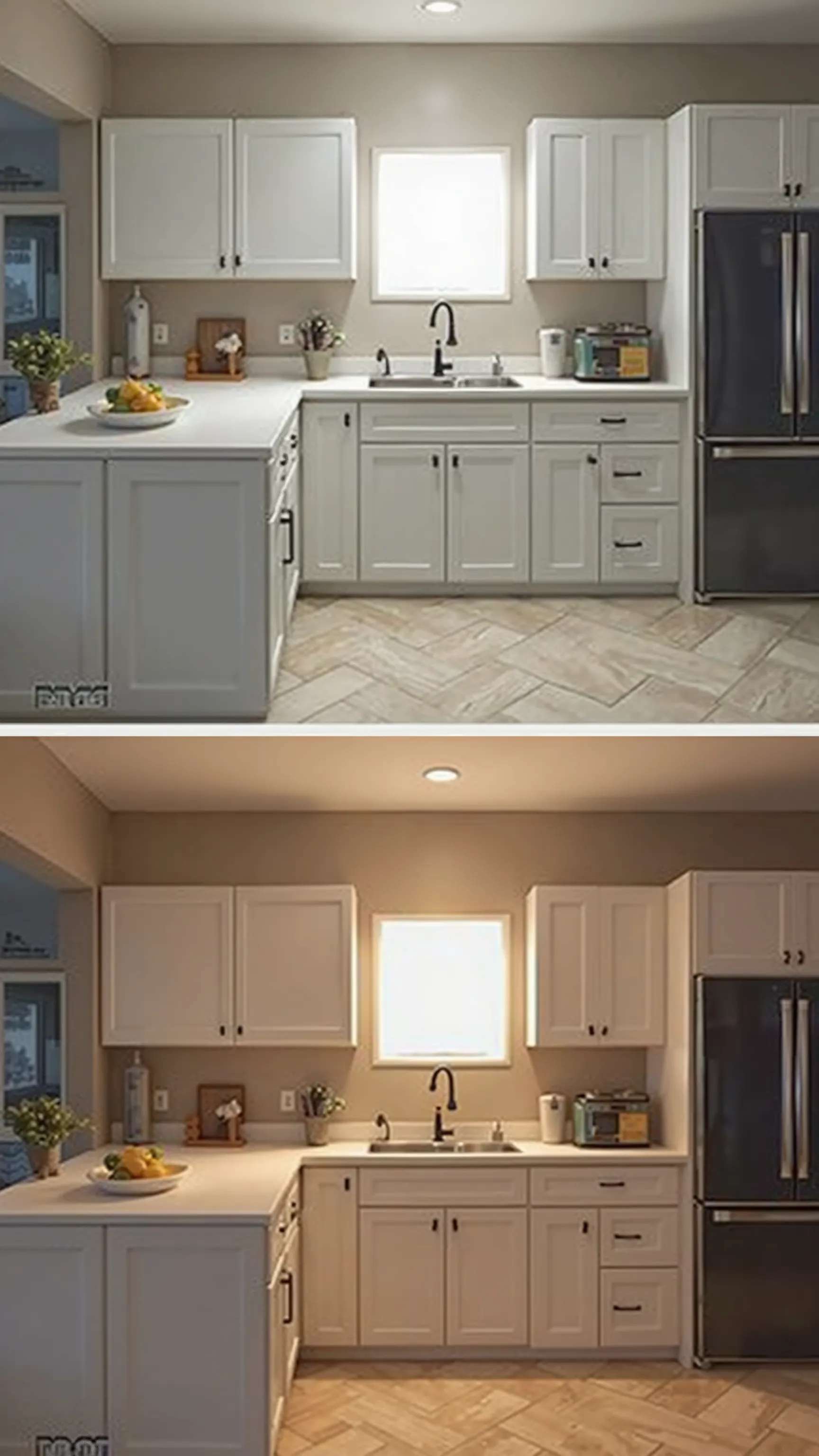 generate an image of a kitchen with lighting with a 60x60 LED panel superimposed on 3000K and 6000k light