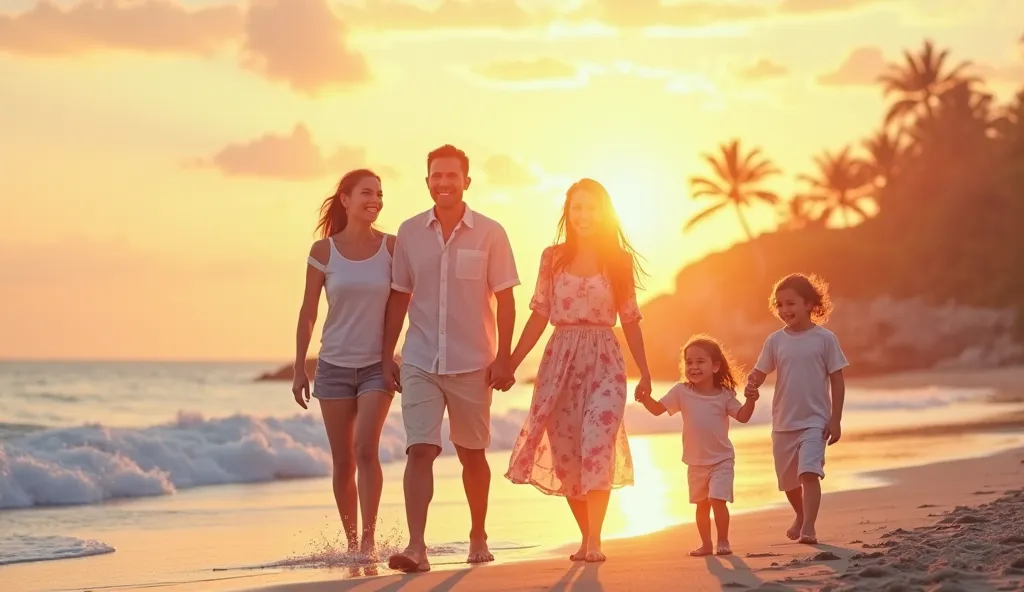 a happy family walking on the beach during sunset