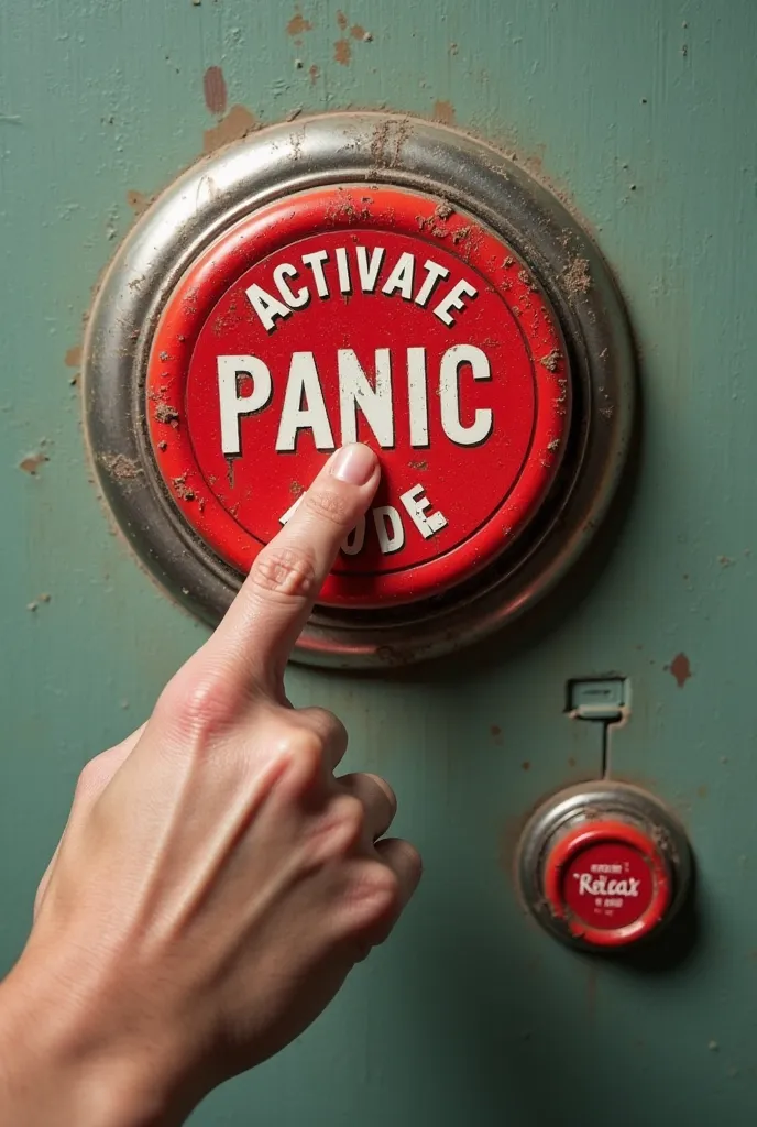 A giant emergency button labeled "ACTIVATE PANIC MODE", and a sweaty hand about to press it. To one side, there is another dusty and forgotten button that says "Relax and act calmly".

 Text above : "Sympathetic Nervous System:" (with your hand on the pani...