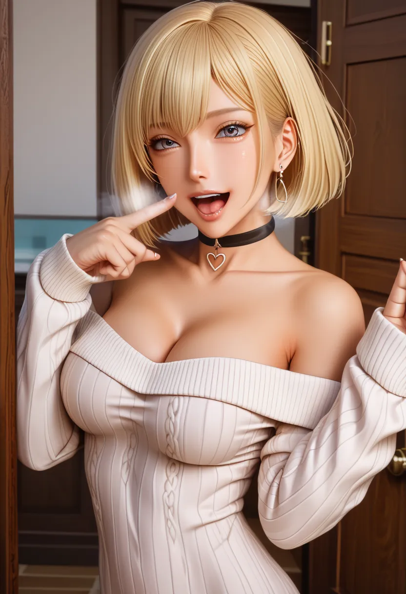 1 Girl、solo、masterpiece,highest quality,High resolution,Very detailed, skinny,Black Choker,Earrings,Big cleavage、Off-the-shoulder tight sweater dress,

 Cute pose、(((Open your mouth))), Heavy breathing , (aheghentai face:1.5), 
Blonde pixie short hair、
(((...