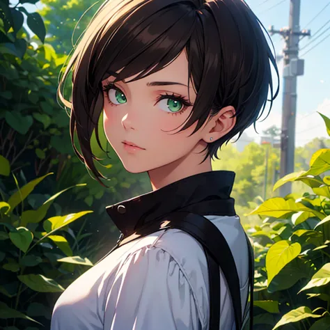 Ultra-realistic young woman with very short dark brown hair pixie cut, deep green eyes, and a soft, natural expression.