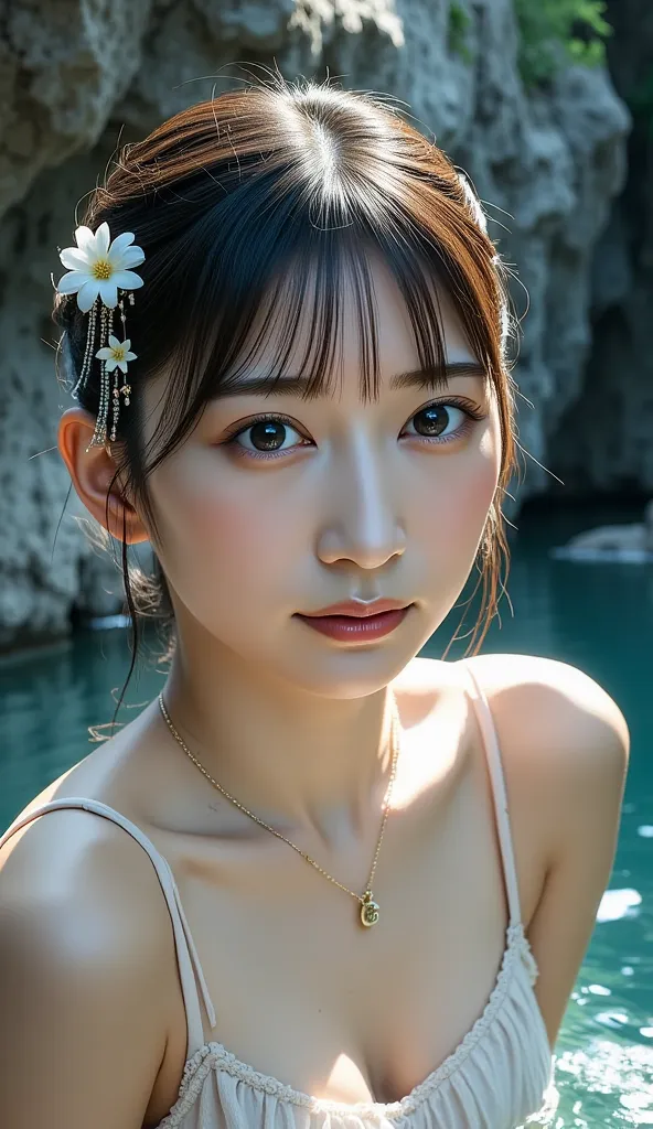 real image like the picture、８ｋ、cave、background、 gentle droopy eyes、Extremely fine eyes、shining eyes、woman with an innocent expression that leaves a girl vibe、Updo、 black hair、short bob hair、 blue eyeshadow、Cheek、lipstick、mascara、eyebrow、 white one-piece sw...