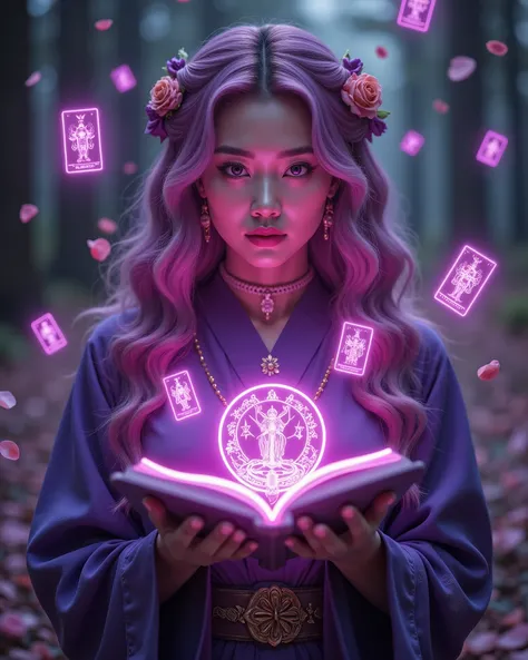 3D realistic style,Diffuse Falling Rose Petals,A Neon Tarot book floating in the hands of a Japanese female Tarot Master with long golden purple hair summoned five neon tarot cards floating around the body in the ghostly Five-Mon-Star Magic Realm.。