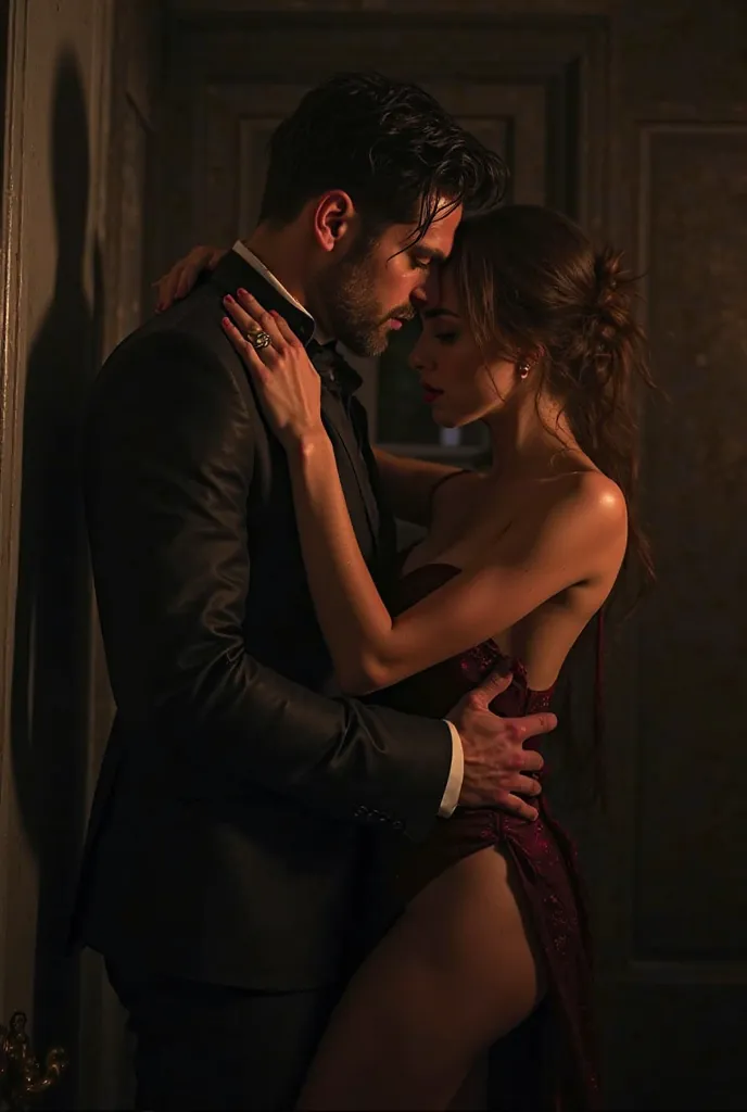 Create the image of a Mafia couple. They're in the dark room kissing. He looks like Ian Somerhalder and her Megan Fox, They are beautiful and attractive, the image is sexy