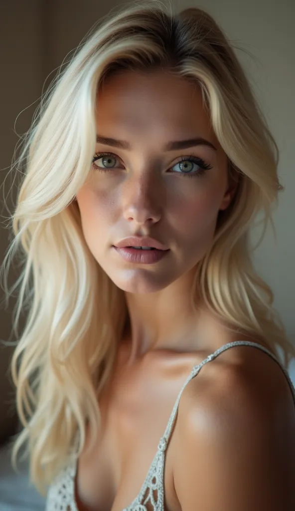 18-year-old blonde woman, ultra realistic, natural, clear, to look provocative, attractive, delicate and fair skin, Realistic hair, realistic eye glow, 4K, photorealistic, studio lighting, vivid colors,  portrait,  extreme details, high quality painting,  ...