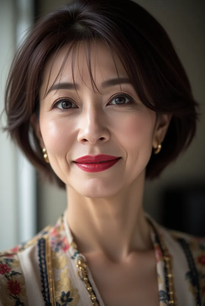 A close-up portrait of a 48-year-old Japanese woman with luxurious, high-fashion makeup. She has deep red lips, perfectly contoured cheeks, bold eyebrows, and smoky eye makeup with a shimmering effect. Her confident and intelligent smile radiates elegance....