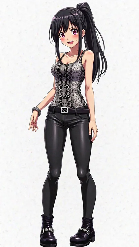 Japanese anime age woman with long straight black hair with a ponytail and short locks and intense magenta eyes and wears a tight tank top with a snakeskin print in shades of black and white. She wears black leather pants and a belt with a buckle that has ...