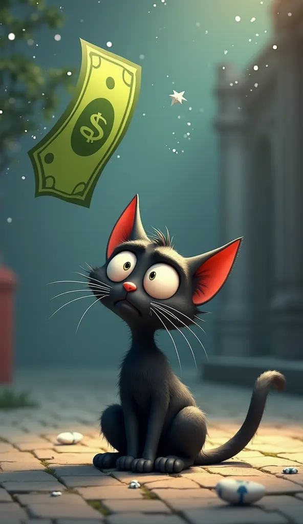 "The beggar black cat, with a sad and tired face, sits on the sidewalk. Suddenly, a bright green bill floats in the wind. His eyes open in surprise and his tail bristles with emotion.  3d cartoon style, with lines of movement on the bill and a dramatic lig...