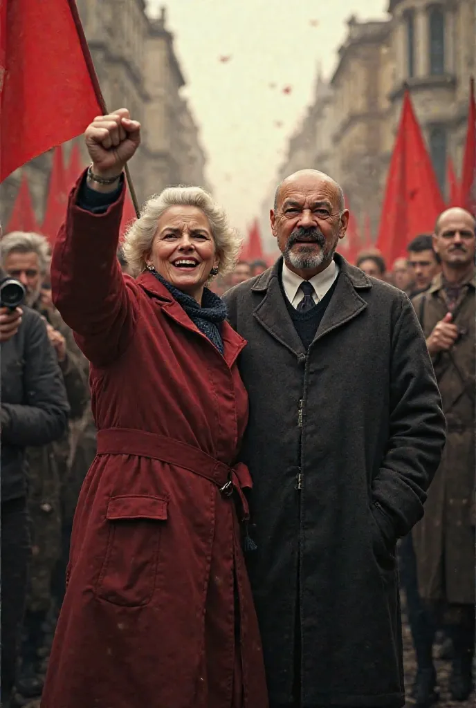 Photo: Clara Zetkin and Lenin shouting with their fist raised 