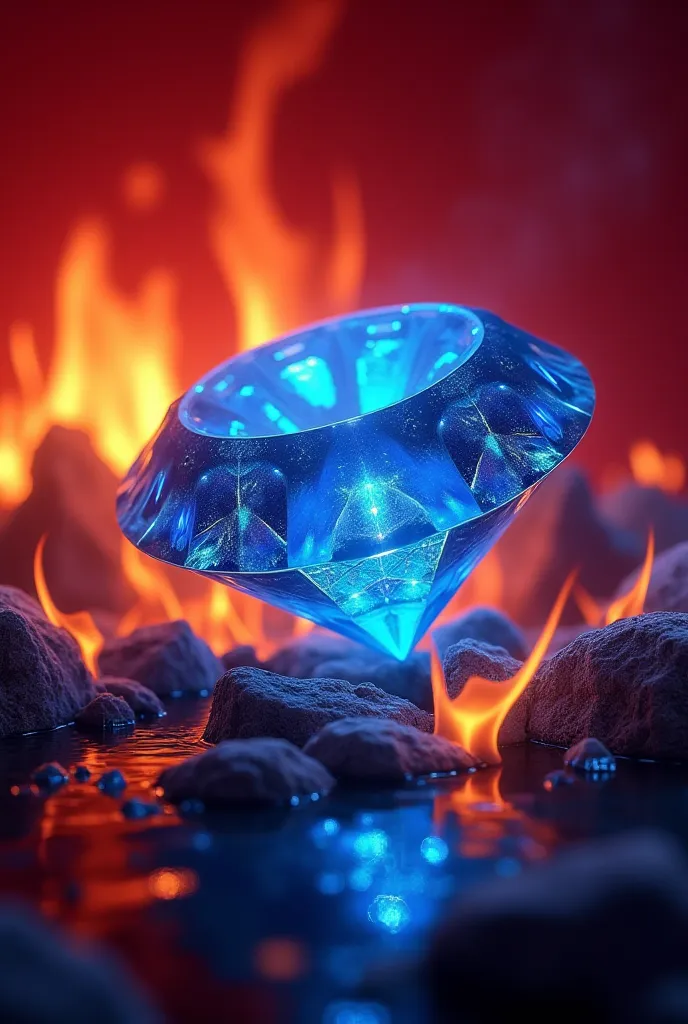 Red background blue diamond shines High Resolution, A glass, flames