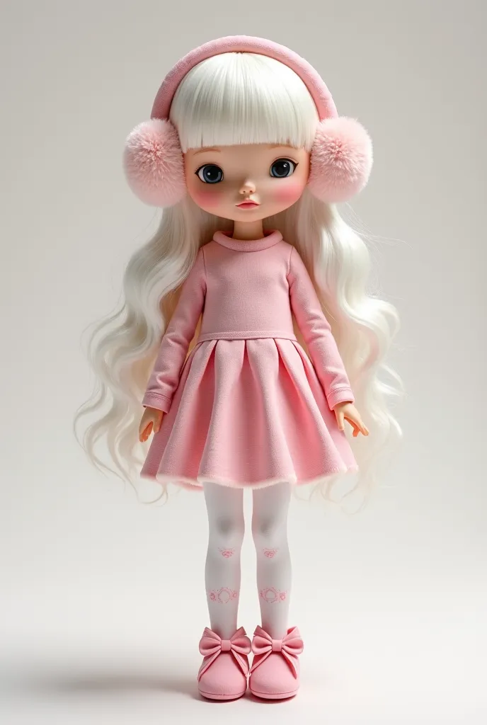 You could create a girl with long and wavy white hair, some fluffy pink earmuffs, a pink long-sleeved shirt with bare shoulders, an almost white pink pleated skirt and white tights up to the knees with pink bows, This in a natural tender pose