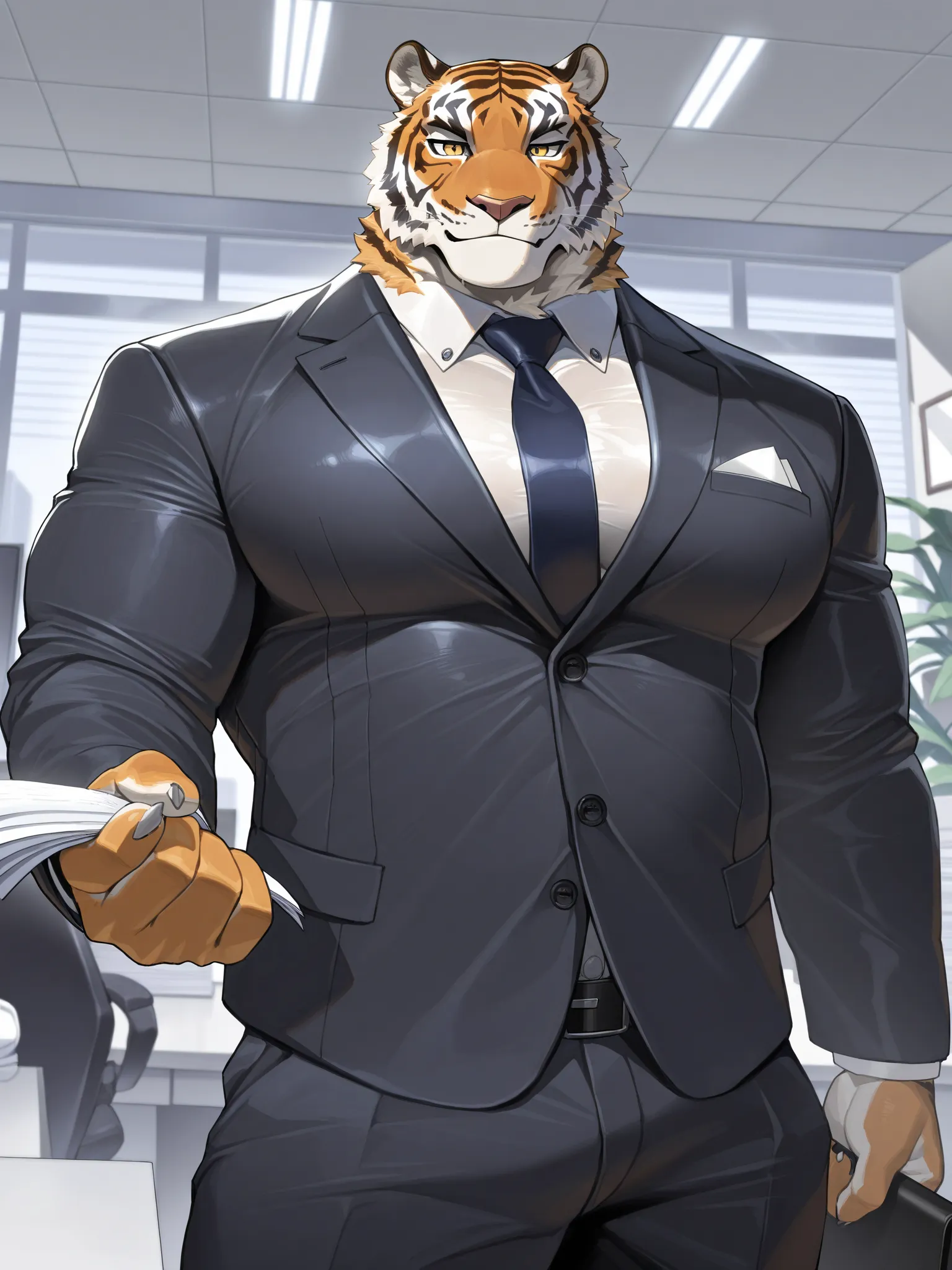 very awa,masterpiece,best quality,year 2024,newest,highres,absurdres,detailed background，1boy ,furry male, tiger,Muscular,overweight, office,glistening skin,5 fingers,cowboy shot,large pecs， suit ，tie，Smirk