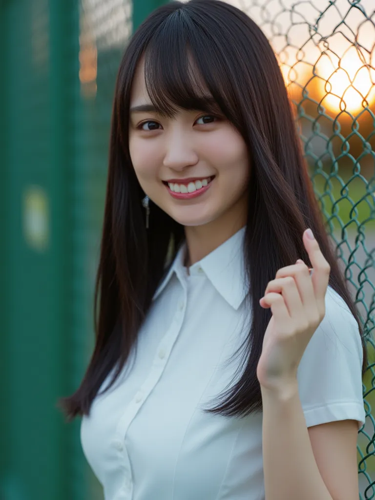 young woman、 soft focus photo 、 long,  straight black hair with bangs and white skin.  with light makeup ,  pinkish light red lips around eyes . She is slim、Almost naked.   she smiled and looked at the camera .  she's surrounded by an iron fence ,  separat...