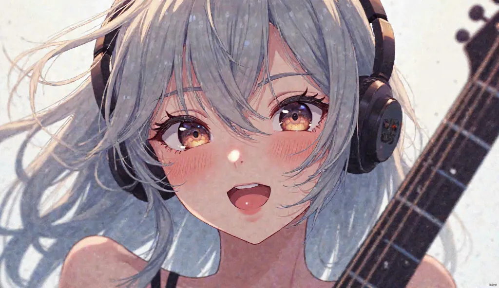 long hair, open your mouth slightly, headphones, have twinkling eyes,  gray hair　older sister　 beauty　 electric guitar on my computer　, anime,  after graduation　 laughing