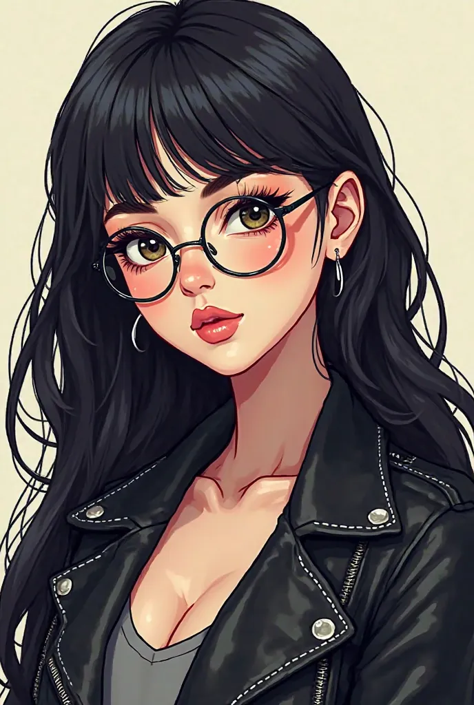 Make a woman with long black hair, wearing a black leather jacket, wearing rounded glasses, very feminine cute face, thin nose, Make a pixel art version

