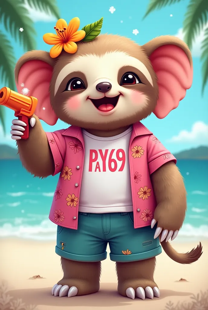 I want cute female cartoon of pink Elephant cartoon with a cute face. Sloths wearing T-shirt crop top that features the letters "Pay69." on the inside, along with a pink Hawaiian shirt as an outer jacket. This Sloths enjoying the Songkran water festival in...