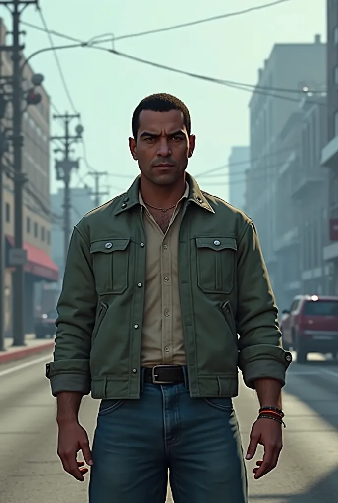 A PlayStation 1-style video game screenshot featuring Michael De Santa from GTA V, low-poly graphics, pixelated textures, foggy city background, jagged edges, limited draw distance, CRT screen effect, 1990s retro aesthetics."