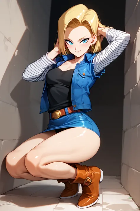 score_9, score_8, medium breasts, (curvy), cute, eyelashes,      ,,,  zzAndroid18, blue eyes, blonde hair, short hair, jacket, denim, denim jacket, jewelry, earrings, long sleeves, shirt, skirt, belt, stripes, 
, blush, smug, horny, 
(adjusting hair), 
BRE...